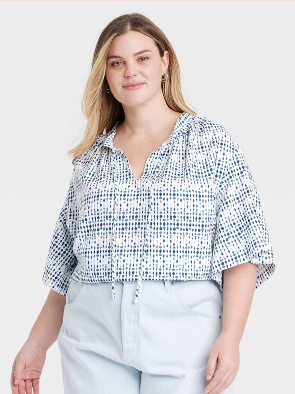 Linen Blend White Blouse with Navy Dot Print Nautical Vacation